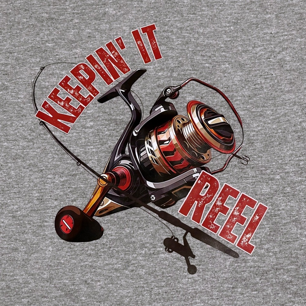 Gildan Keepin It Reel Fishing Reel Graphic T Shirt Men's Medium Grey Cotton - Picture 2 of 6